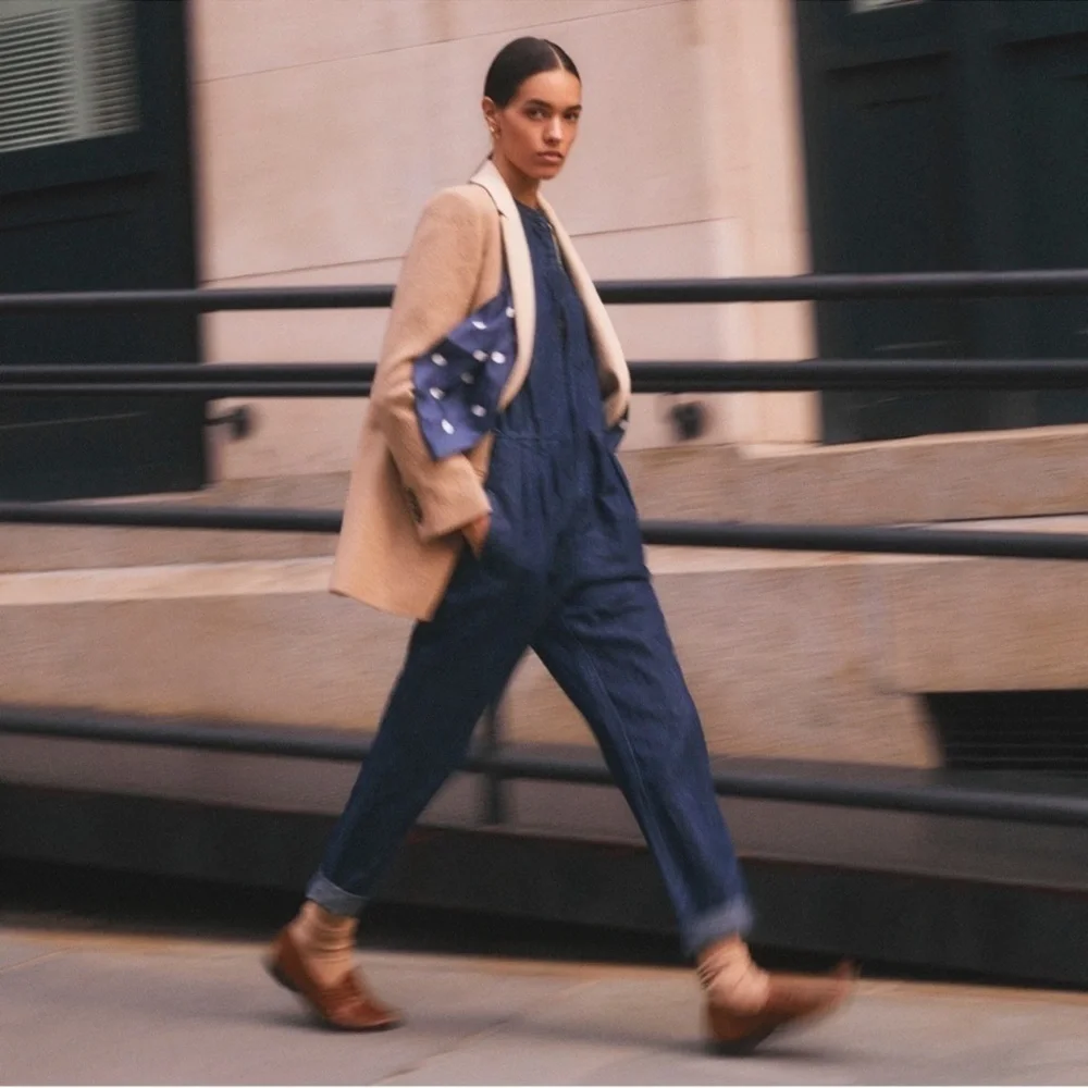 J. Crew Coverall Jumpsuit Puff Sleeve Denim Linen Casual Chic Boho Blue 10 Tall